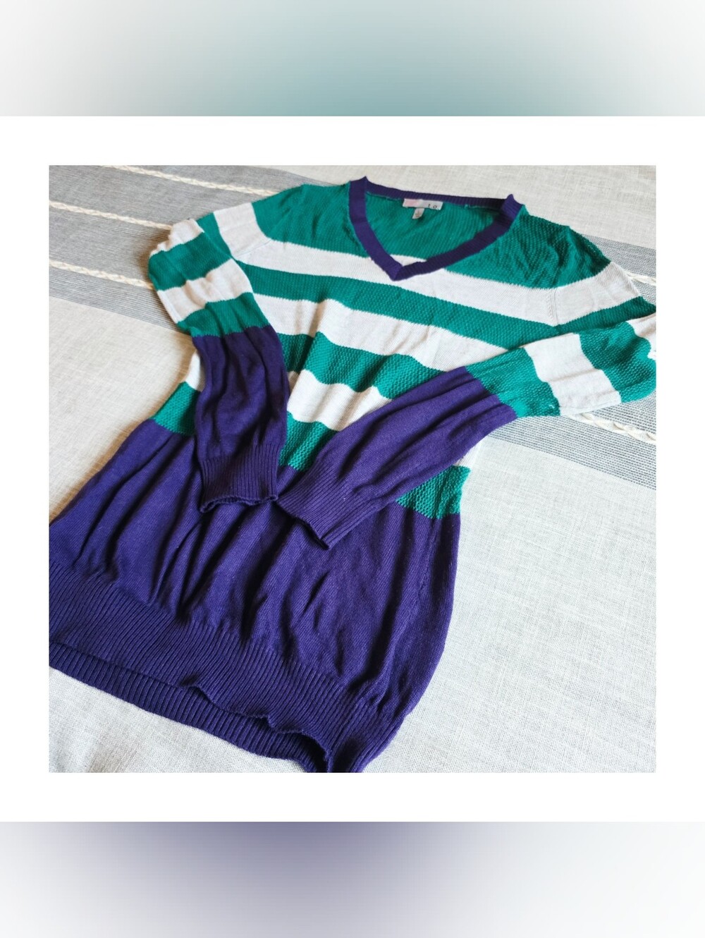 Striped V-Neck Longline Sweater in Green, White & Purple | Size L